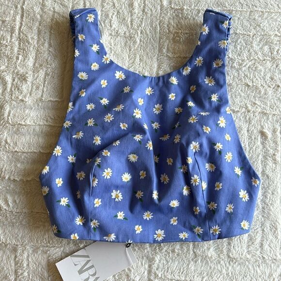 NWT ZARA | Blue Daisy Floral Print Crop Tank Top | Sz Small - Picture 1 of 9